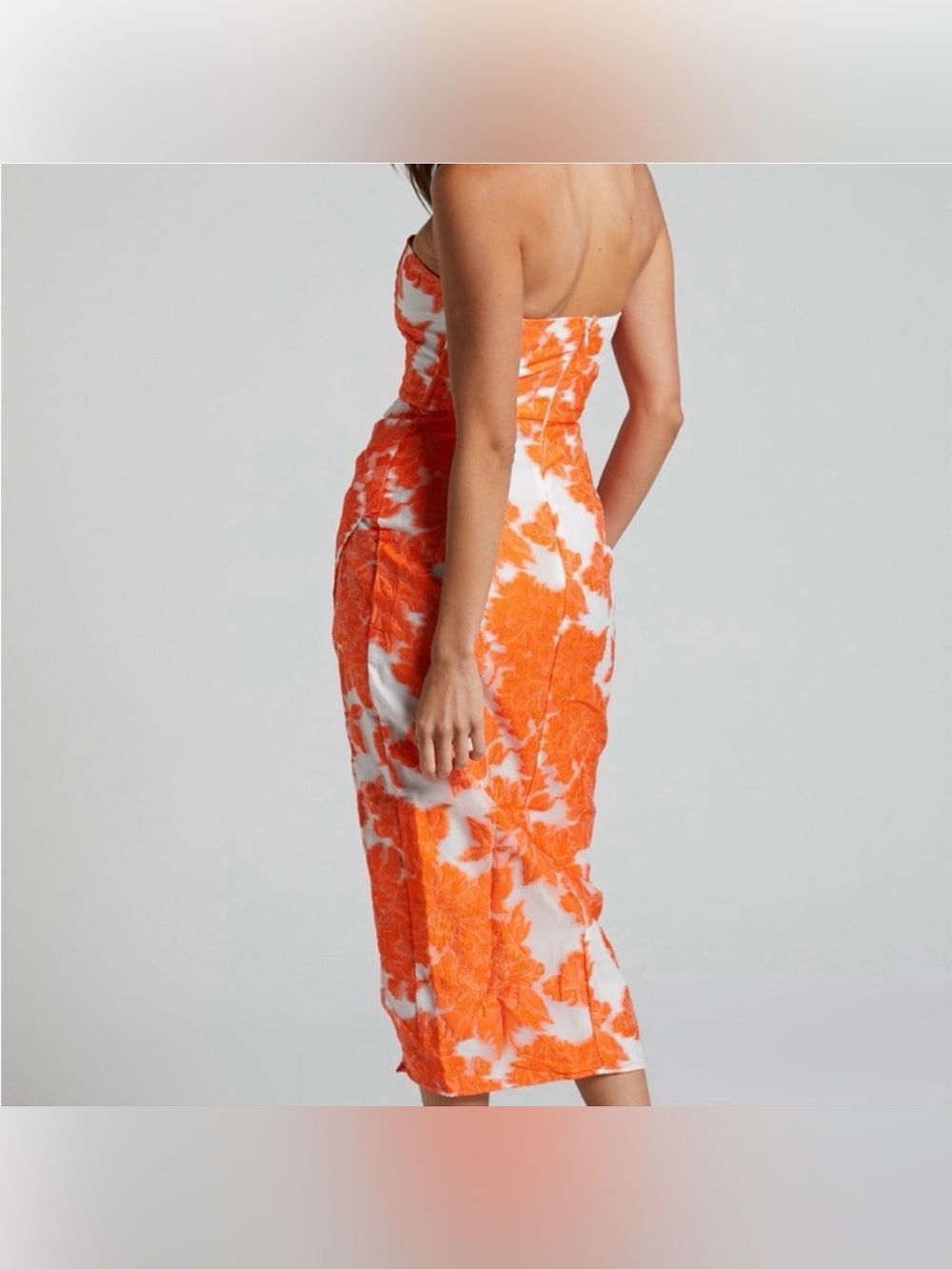 Showpo Brailey Strapless Jacquard Midi Dress Orange White US 2 NWT - Picture 2 of 11